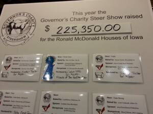 The Iowa Governor's Charity Steer Show set a money-raising record Saturday for Ronald McDonald House Charities, which serves families whose children are hospitalized with serious health issues in one of these three Iowa cities: Sioux City, Des Moines and Iowa City.