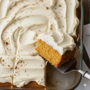 pumpkin bars with cream cheese frosting in a pan being cut and served