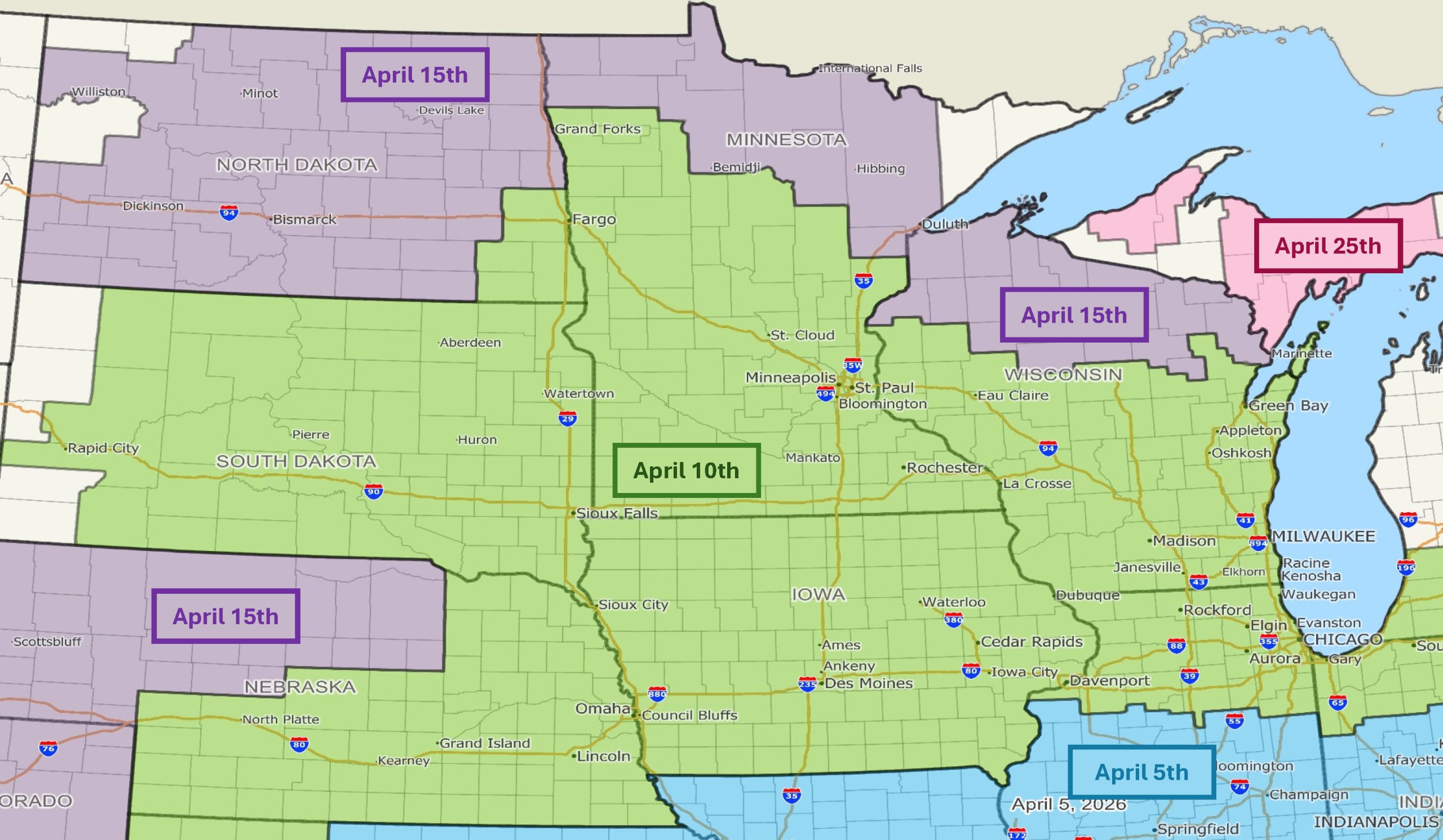 Map of the Upper Midwest showing the earliest corn plant dates by region for Latham replant eligibility