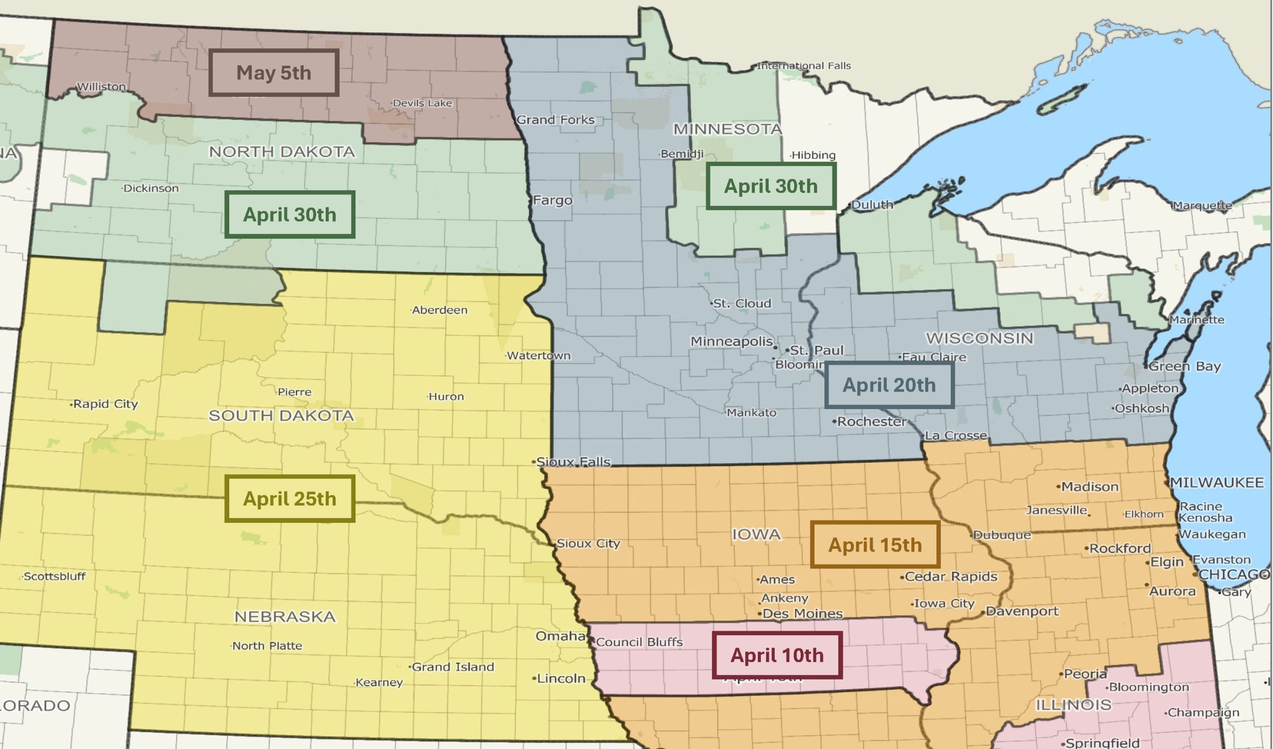 Map of the Upper Midwest showing the earliest soybean plant dates by region for Latham replant eligibility